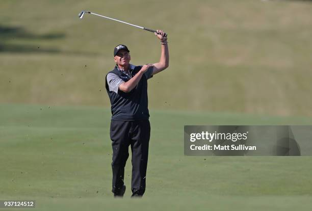 Rocco Mediate reacts to his second shot on the 18th hole during the first round of the Rapiscan Systems Classic at Fallen Oak Golf Course on March...