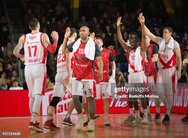 Players of Baskonia Vitoria Gasteiz celebrates during the 2017/2018 Turkish Airlines EuroLeague Regular Season Round 28 game between FC Barcelona...