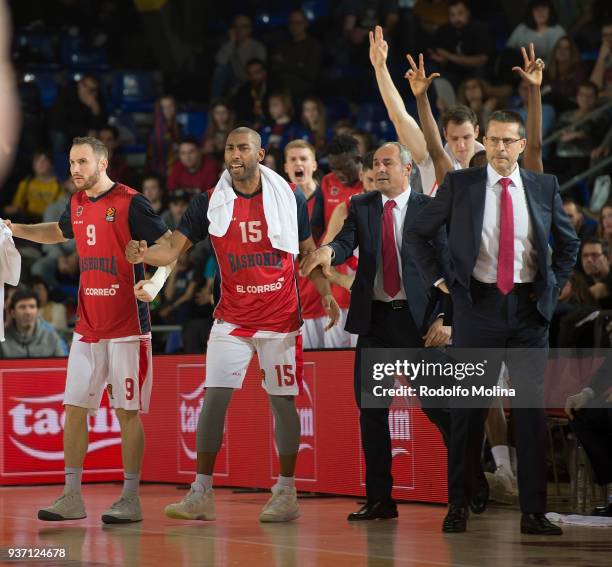 Players of baskonia Vitoria Gasteiz celebrates during the 2017/2018 Turkish Airlines EuroLeague Regular Season Round 28 game between FC Barcelona...