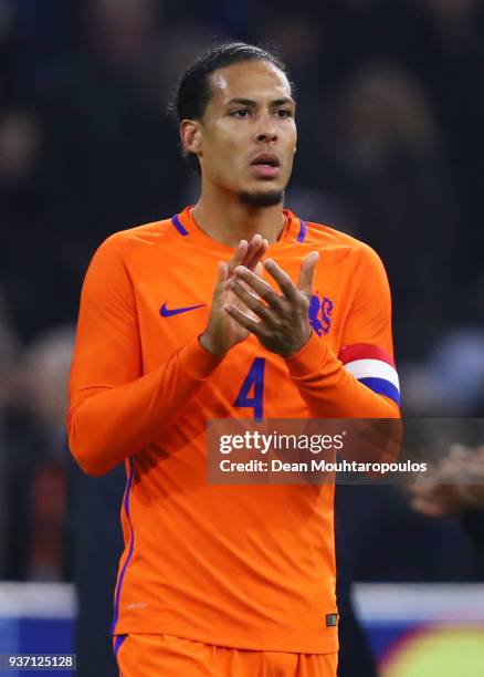 Virgil van Dijk of the Netherlands applauds the crowd after the international friendly match between Netherlands and England at Johan Cruyff Arena on...