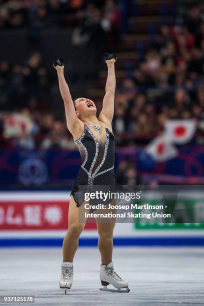 Wakaba Higuchi of Japan reacts in the Ladies Free Skating during day three of the World Figure Skating Championships at Mediolanum Forum on March 23,...