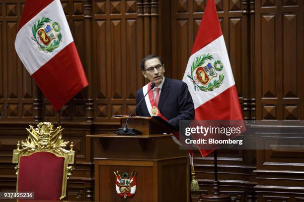 Martin Vizcarra, Peru's president, speaks during a swearing in ceremony in Lima, Peru, on Friday, March 23, 2018. Vizcarra assumed Peru's highest...