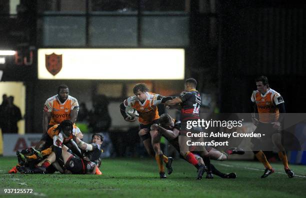 Cheetahs' Francois Venter is tackled by Dragons' Lloyd Fairbrother during the Guinness PRO14 Round 18 match between Dragons and Toyota Cheetahs at...