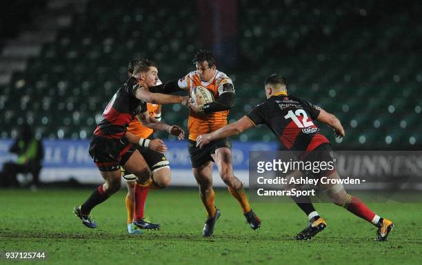 Cheetahs' Francois Venter is tackled by Dragons' Connor Edwards during the Guinness PRO14 Round 18 match between Dragons and Toyota Cheetahs at...