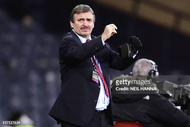 Costa Rica's coach Oscar Ramirez gestures on the touchline during the International friendly football match between Scotland and Costa Rica at...