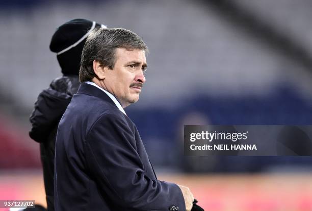 Costa Rica's coach Oscar Ramirez gestures on the touchline during the International friendly football match between Scotland and Costa Rica at...