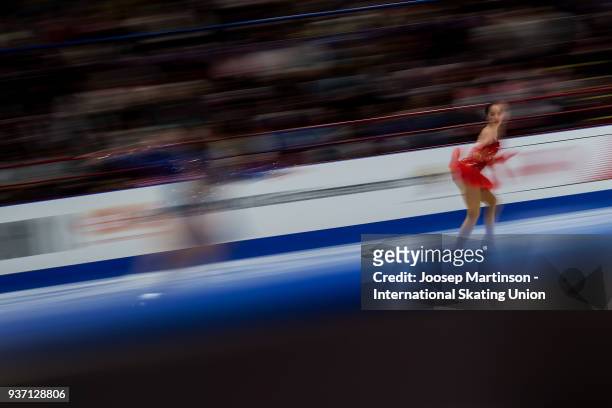 Alina Zagitova of Russia warms up in the Ladies Free Skating during day three of the World Figure Skating Championships at Mediolanum Forum on March...