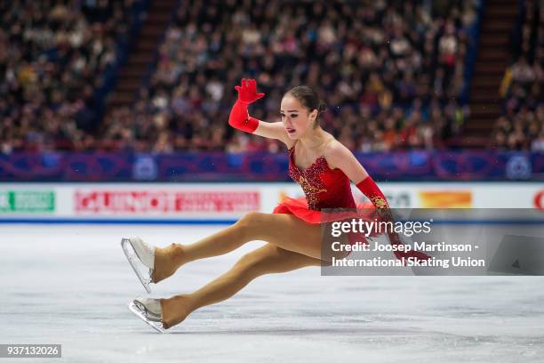 Alina Zagitova of Russia competes in the Ladies Free Skating during day three of the World Figure Skating Championships at Mediolanum Forum on March...