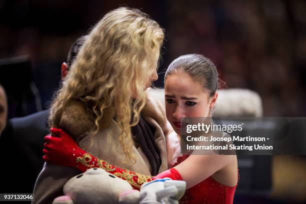 Alina Zagitova of Russia reacts in the Ladies Free Skating during day three of the World Figure Skating Championships at Mediolanum Forum on March...