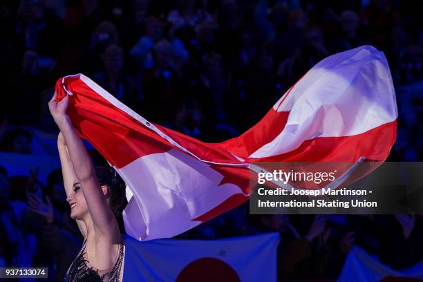 Kaetlyn Osmond of Canada reacts in the Ladies medal ceremony during day three of the World Figure Skating Championships at Mediolanum Forum on March...