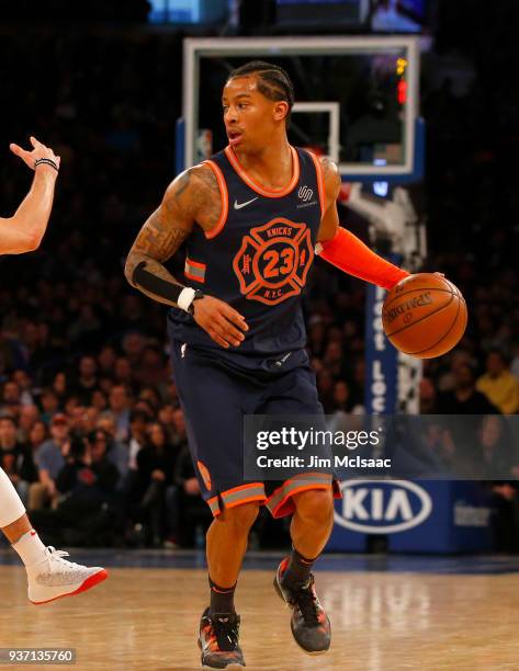 Trey Burke of the New York Knicks in action against the Toronto Raptors at Madison Square Garden on March 11, 2018 in New York City. The Raptors...