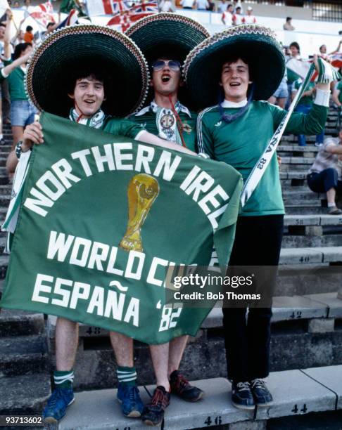 Northern Ireland fans wearing sombrero hats attending the Yugoslavia v Northern Ireland World Cup match played at the Estadio La Romareda in...