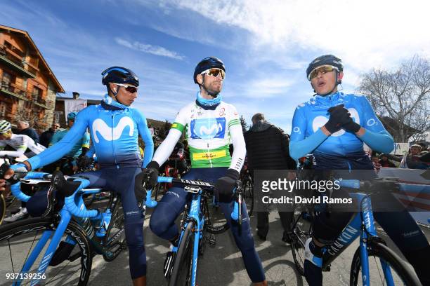 Nairo Quintana of Colombia and Team Movistar / Marc Soler of Spain and Team Movistar / Alejandro Valverde Belmonte of Spain and Team Movistar White...