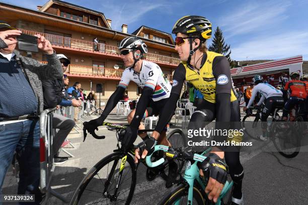 Start / Daryl Impey of South Africa and Team Mitchelton-Scott / George Bennett of New Zealand and Team LottoNL-Jumbo / Fans / Peloton / during the...