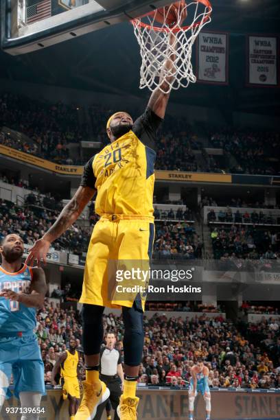 Trevor Booker of the Indiana Pacers goes to the basket against the LA Clippers on March 23, 2018 at Bankers Life Fieldhouse in Indianapolis, Indiana....