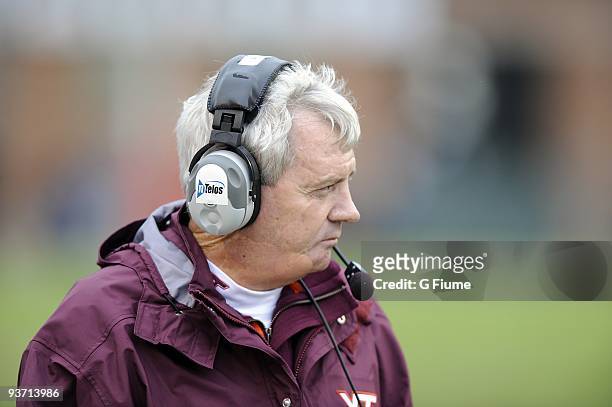 Head coach Frank Beamer of the Virginia Tech Hokies watches the game against the Maryland Terrapins November 14, 2009 at Byrd Stadium in College...