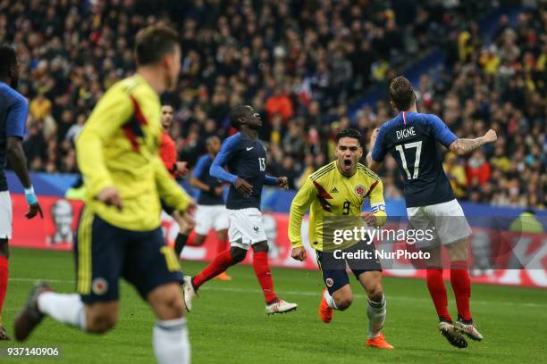 Radamel Falcao; goal; and James Rodriguez, during the friendly football match between France and Colombia at the Stade de France, in Saint-Denis, on...