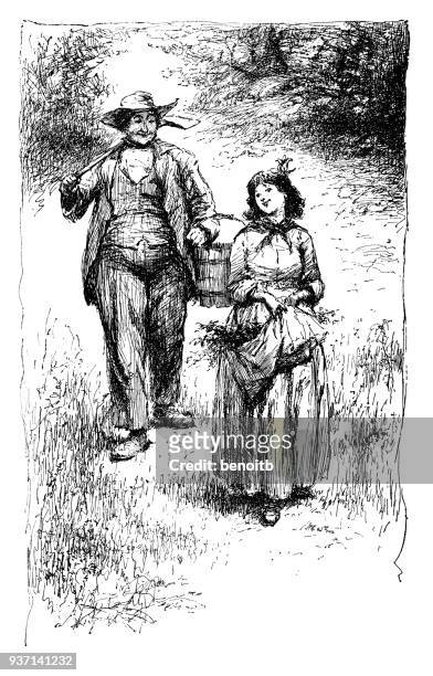 farmer with his wife walking back to the farm - farmer wife stock illustrations