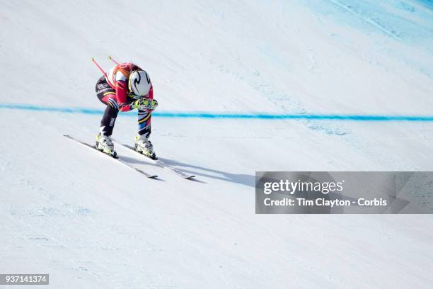 Tina Weirather of Liechtenstein in action during the Alpine Skiing - Ladies' Downhill race at Jeongseon Alpine Centre on February 21, 2018 in...