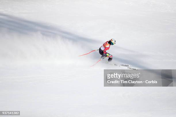 Tina Weirather of Liechtenstein in action during the Alpine Skiing - Ladies' Downhill race at Jeongseon Alpine Centre on February 21, 2018 in...