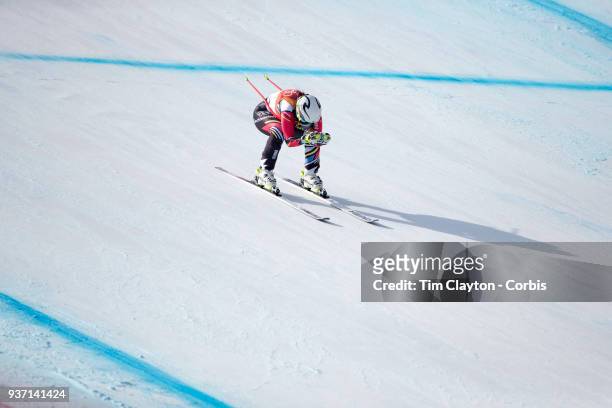 Tina Weirather of Liechtenstein in action during the Alpine Skiing - Ladies' Downhill race at Jeongseon Alpine Centre on February 21, 2018 in...