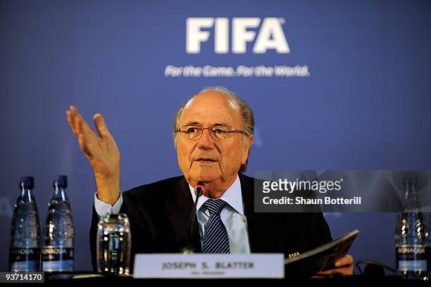 President Joseph S. Blatter talks to the media during a press conference on December 3, 2009 in Robben Island, South Africa.