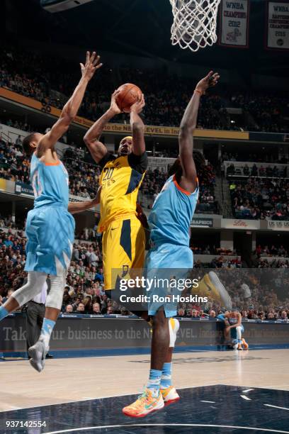 Trevor Booker of the Indiana Pacers shoots the ball against the LA Clippers on March 23, 2018 at Bankers Life Fieldhouse in Indianapolis, Indiana....