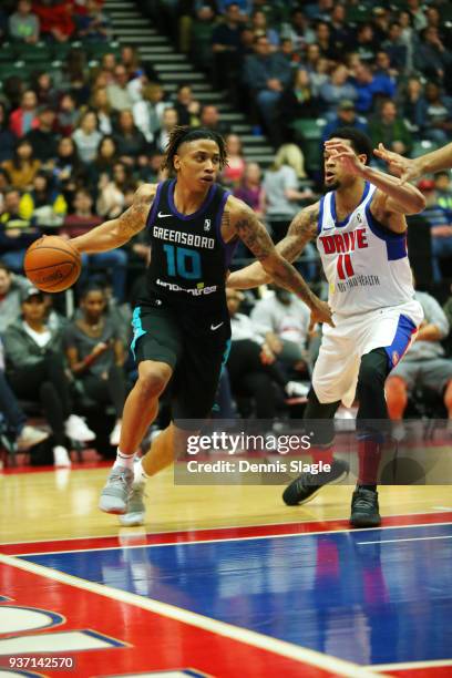 Williams of the Greensboro Swarm handles the ball during the game against the Grand Rapids Drive at the DeltaPlex Arena on March 23, 2018 in Grand...