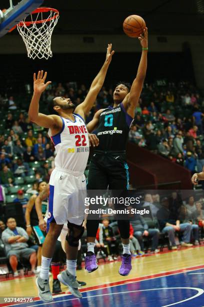 Gill of the Greensboro Swarm drives to the basket during the game against the Grand Rapids Drive at the DeltaPlex Arena on March 23, 2018 in Grand...