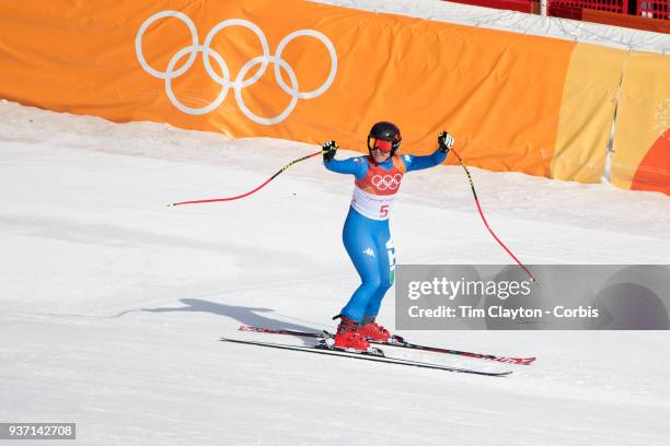 Gold medal winner Sofia Goggia of Italy in action during the Alpine Skiing - Ladies' Downhill race at Jeongseon Alpine Centre on February 21, 2018 in...