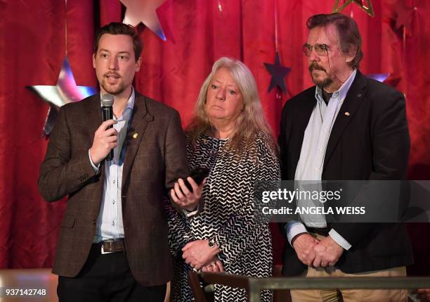 Tom Wall, with Ingrid Wall and Joachim Wall speaks at the inaugural grant ceremony for The Kim Wall Memorial Fund at Superfine on March 23, 2018 in...