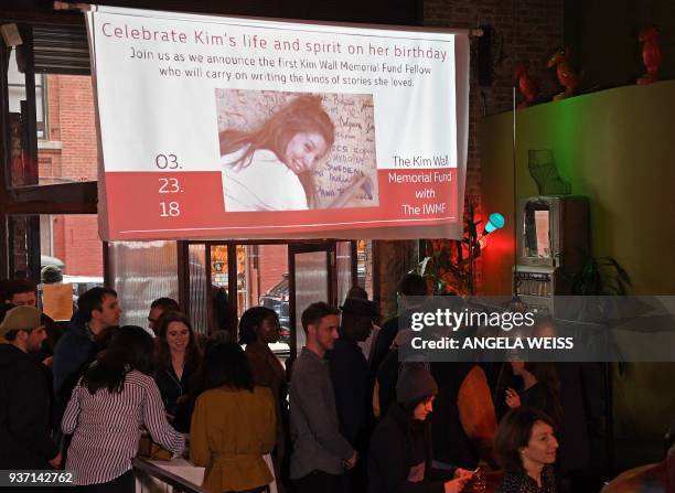 Projection is seen during the inaugural grant ceremony for The Kim Wall Memorial Fund at Superfine on March 23, 2018 in New York City. Kim Wall, an...