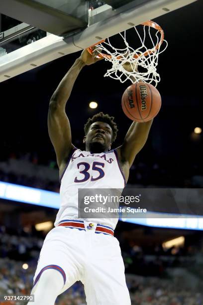 Udoka Azubuike of the Kansas Jayhawks dunks the ball against the Clemson Tigers during the first half in the 2018 NCAA Men's Basketball Tournament...