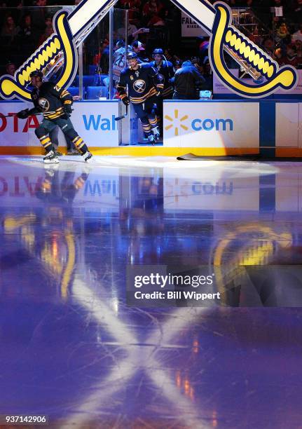 Marco Scandella of the Buffalo Sabres skates onto the ice prior to an NHL game against the Montreal Canadiens on March 23, 2018 at KeyBank Center in...