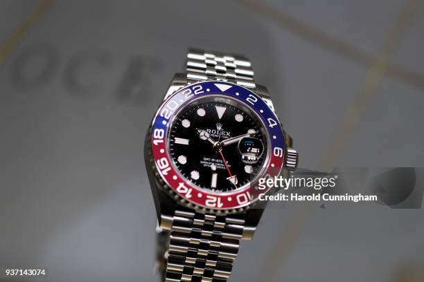 Rolex GMT-Master II watch is displayed at the BaselWolrd watch fair on March 23, 2018 in Basel, Switzerland. The annual watch trade fair sees the...