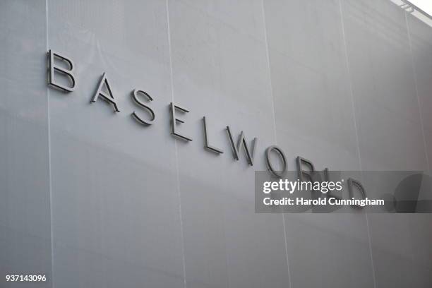 BaselWolrd logo is displayed at the BaselWolrd watch fair on March 23, 2018 in Basel, Switzerland. The annual watch trade fair sees the very latest...