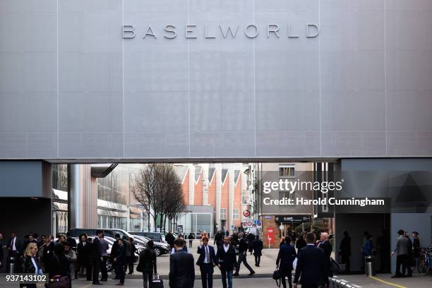 BaselWolrd logo is displayed at the BaselWolrd watch fair on March 23, 2018 in Basel, Switzerland. The annual watch trade fair sees the very latest...