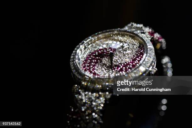 Harry Winston watch is displayed at the BaselWolrd watch fair on March 23, 2018 in Basel, Switzerland. The annual watch trade fair sees the very...