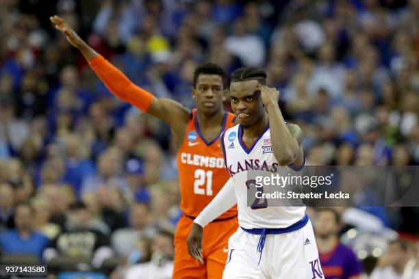 Lagerald Vick of the Kansas Jayhawks celebrates a three point basket against the Clemson Tigers during the first half in the 2018 NCAA Men's...