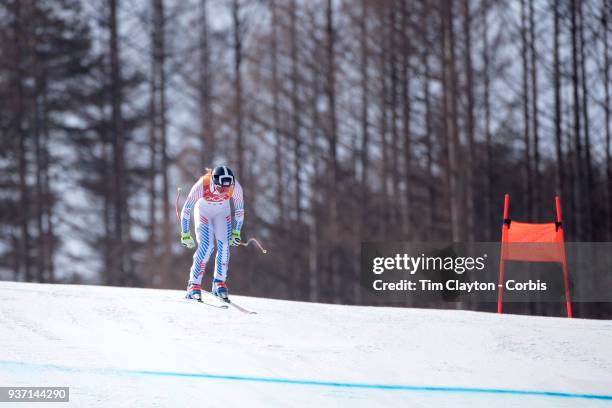 Laurenne Ross of the United States in action during the Alpine Skiing - Ladies' Downhill race at Jeongseon Alpine Centre on February 21, 2018 in...