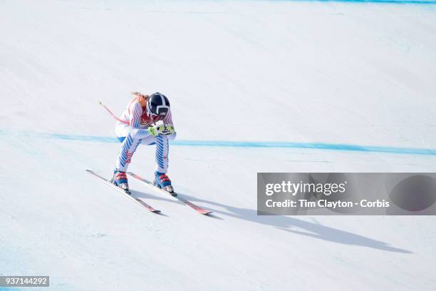 Laurenne Ross of the United States in action during the Alpine Skiing - Ladies' Downhill race at Jeongseon Alpine Centre on February 21, 2018 in...