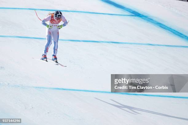 Laurenne Ross of the United States in action during the Alpine Skiing - Ladies' Downhill race at Jeongseon Alpine Centre on February 21, 2018 in...