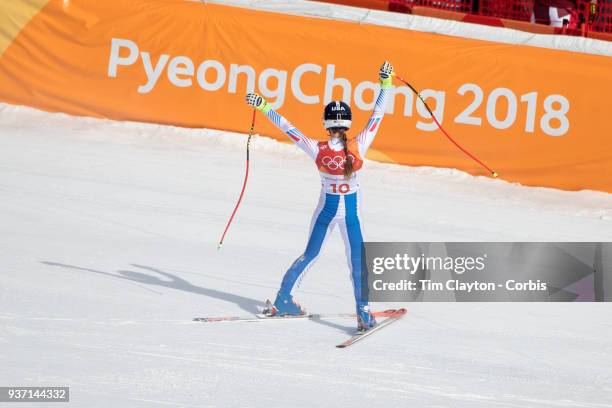 Laurenne Ross of the United States in action during the Alpine Skiing - Ladies' Downhill race at Jeongseon Alpine Centre on February 21, 2018 in...