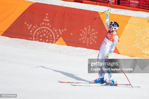 Laurenne Ross of the United States in action during the Alpine Skiing - Ladies' Downhill race at Jeongseon Alpine Centre on February 21, 2018 in...