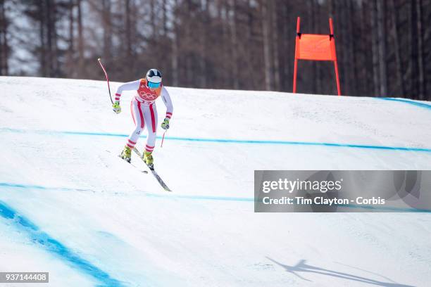 Ramona Siebenhofer of Austria in action during the Alpine Skiing - Ladies' Downhill race at Jeongseon Alpine Centre on February 21, 2018 in...