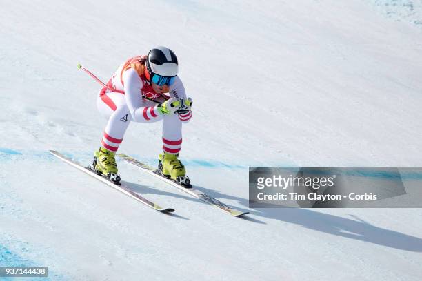 Ramona Siebenhofer of Austria in action during the Alpine Skiing - Ladies' Downhill race at Jeongseon Alpine Centre on February 21, 2018 in...