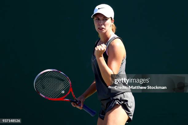 Danielle Collins celebrates a point against CoCo Vandeweghe during the Miami Open Presented by Itau at Crandon Park Tennis Center on March 23, 2018...