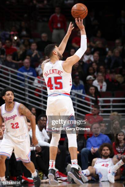 Denzel Valentine of the Chicago Bulls shoots the ball against the Milwaukee Bucks on March 23, 2018 at the United Center in Chicago, Illinois. NOTE...