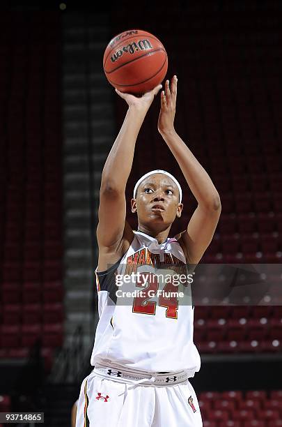 Diandra Tchatchouang of the Maryland Terrapins shoots a free throw against the New Hampshire Wildcats at the Comcast Center on November 16, 2009 in...