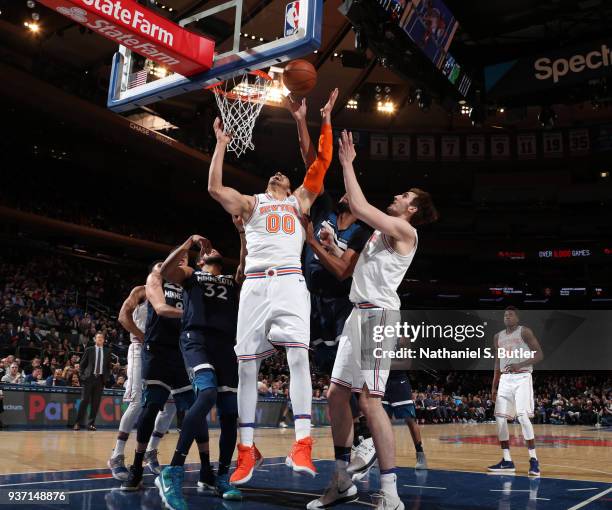 Enes Kanter of the New York Knicks goes to the basket against the Minnesota Timberwolves on March 23, 2018 at Madison Square Garden in New York City,...